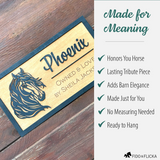 Custom wooden horse stall sign with engraved horse an owner name. Displayed on rustic wood background with text overlay reading “Made for Meaning” and benefits: Honors Your Horse, Lasting Tribute, Adds Barn Elegance, Made Just for You, No Measuring Needed, Ready to Hang
