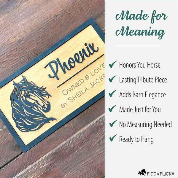 Custom wooden horse stall sign with engraved horse an owner name. Displayed on rustic wood background with text overlay reading “Made for Meaning” and benefits: Honors Your Horse, Lasting Tribute, Adds Barn Elegance, Made Just for You, No Measuring Needed, Ready to Hang