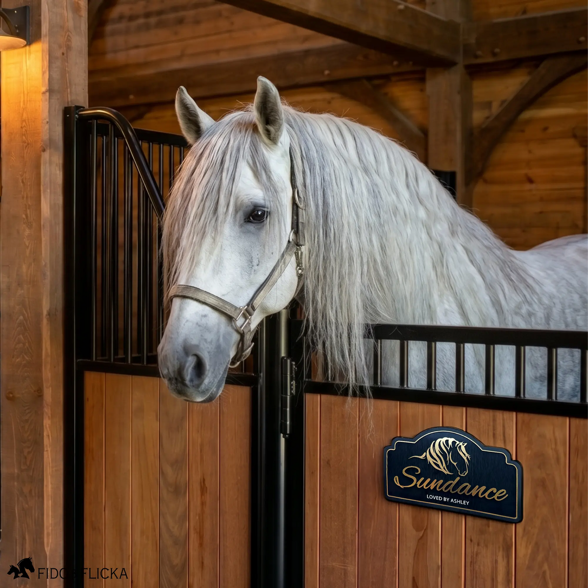 Personalized horse stall sign displayed on a wooden barn stall door beneath a gray horse, featuring brushed gold horse artwork, custom horse name, and engraved text on a black acrylic plaque.