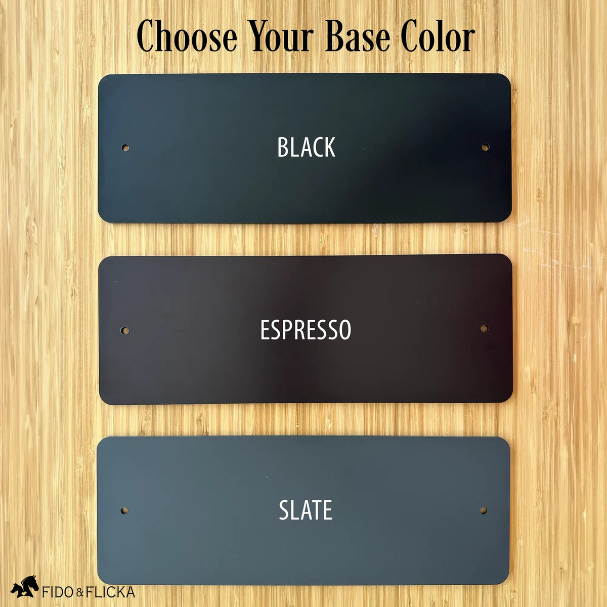 Black, espresso, and slate acrylic base color options for personalized horse stall signs.
