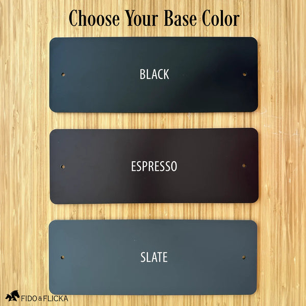 Black, espresso, and slate acrylic base color options for personalized horse stall signs.