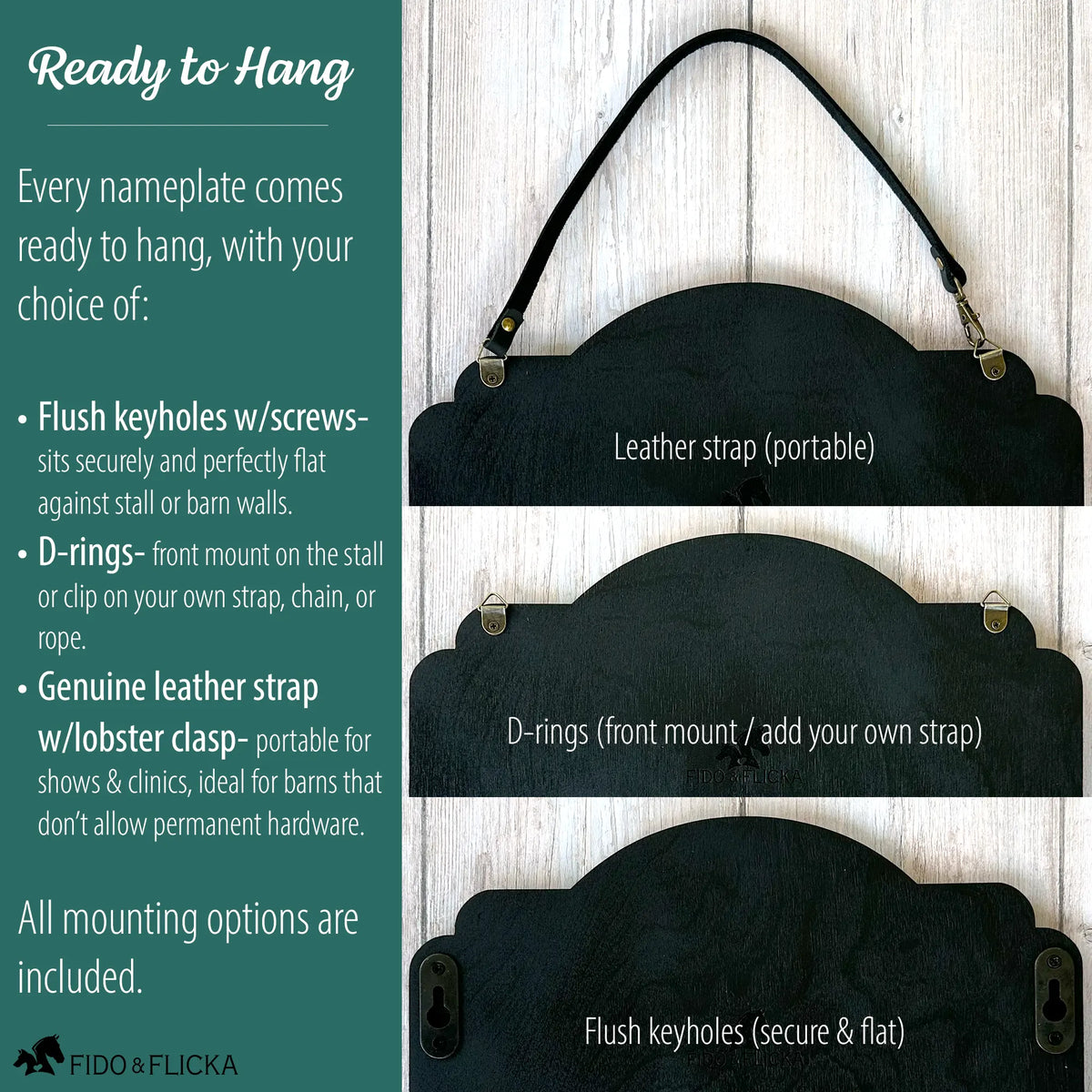 Ready-to-hang mounting options for a custom horse stall sign, including a genuine leather hanging strap, front-mounted D-rings, and flush keyhole hardware for secure wall or stall installation.