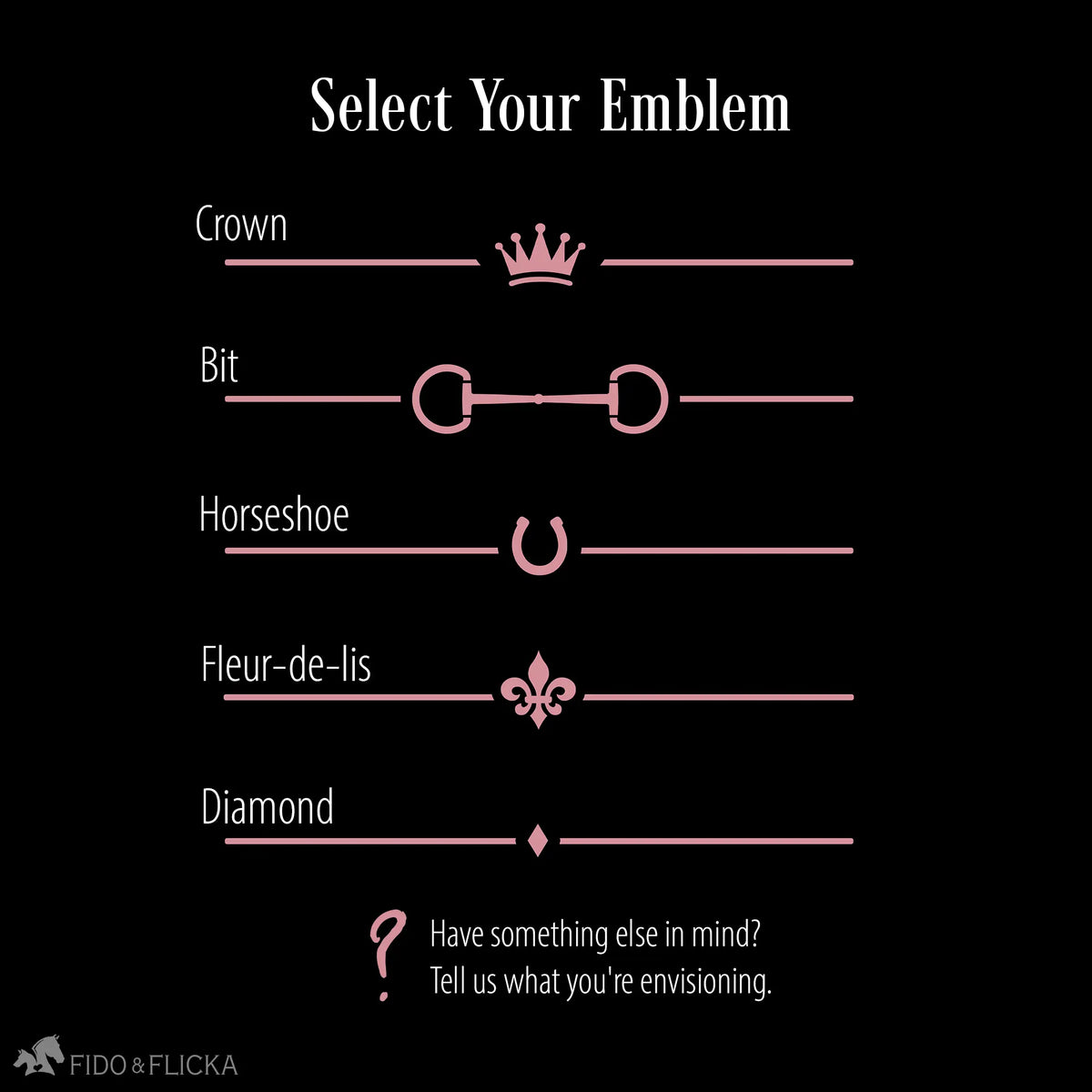 Emblem options for custom horse stall signs including a crown, horse bit, horseshoe, fleur-de-lis, diamond, and custom design option.