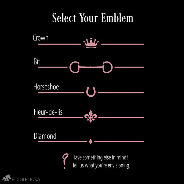 Emblem options for custom horse stall signs including a crown, horse bit, horseshoe, fleur-de-lis, diamond, and custom design option.