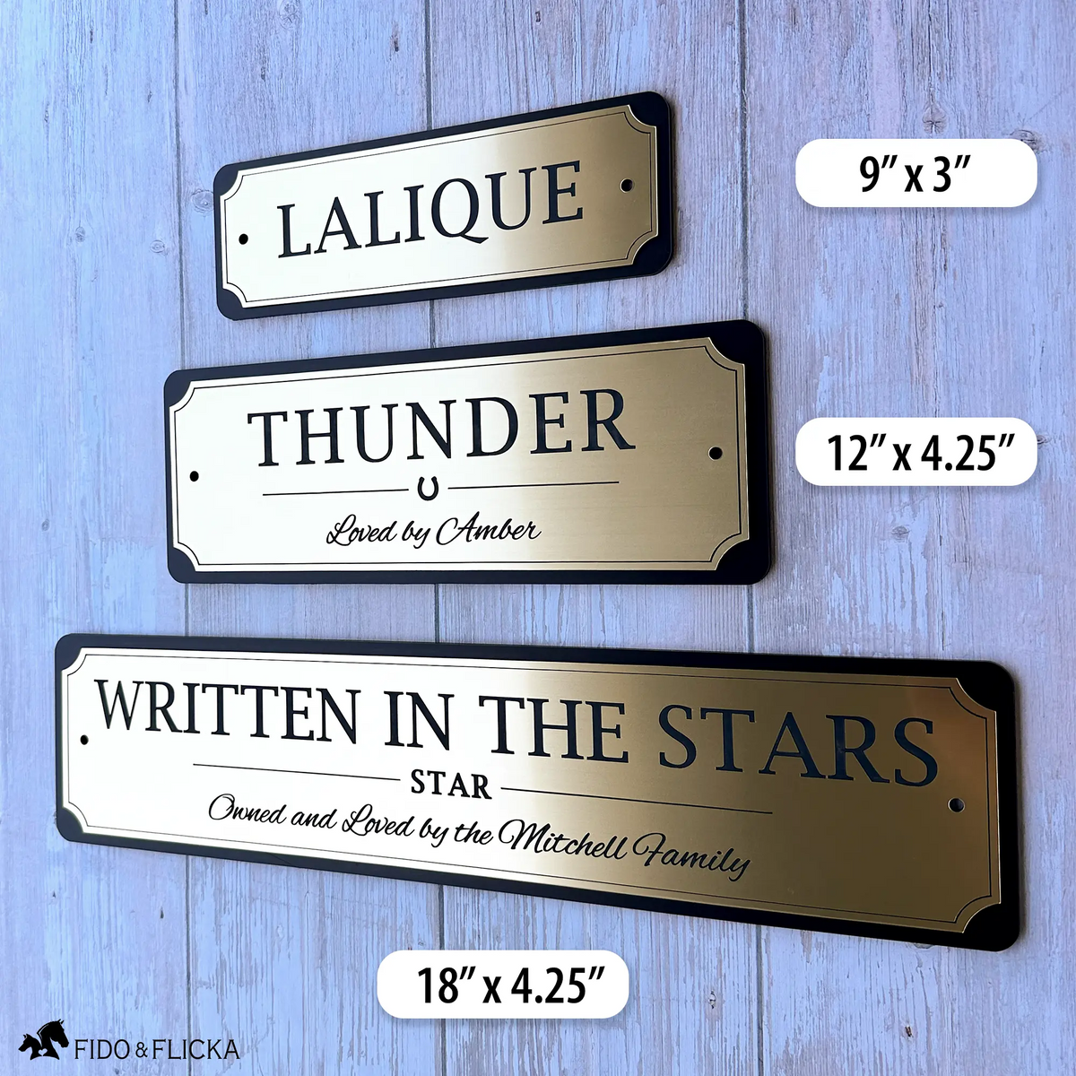 Comparison of 9-inch, 12-inch, and 18-inch personalized horse stall signs showing the three available sizes.