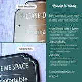 The image displays two mounting variations: one with front-mount holes and one with hanging holes in the upper corners. Text on the right explains mounting options including front-mount holes with screws, hanging holes, and no holes for adhesive mounting.
