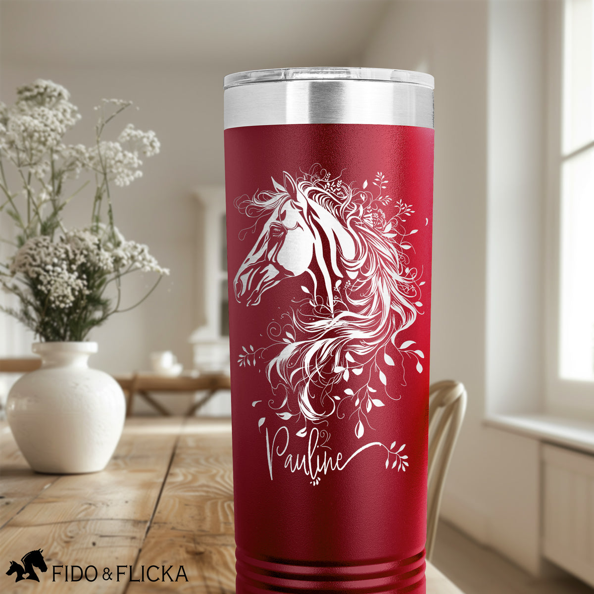 red travel mug horse art floral design engraved custom