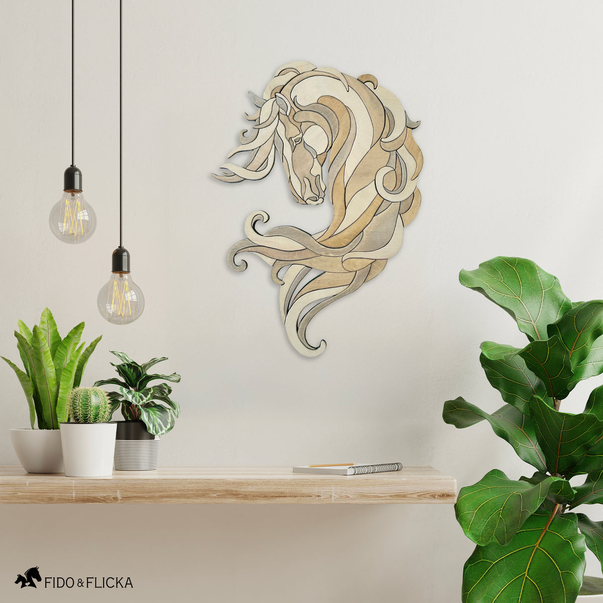 Decorative wall art of a horse head on a white wall with plants and a table.