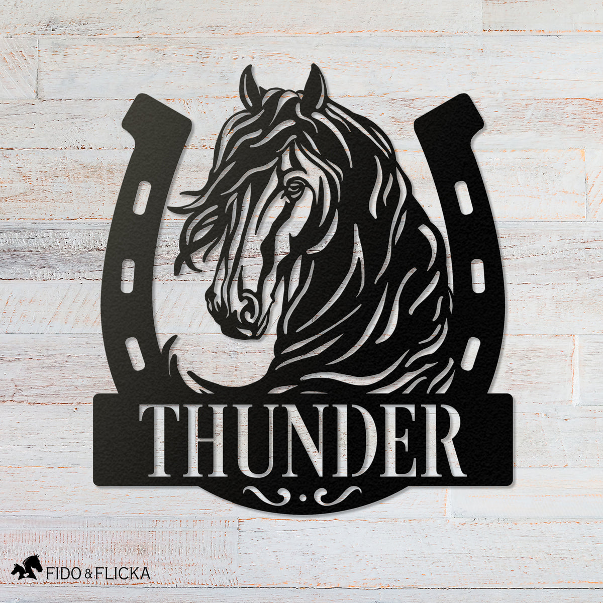 horseshoe metal name plate with horse name