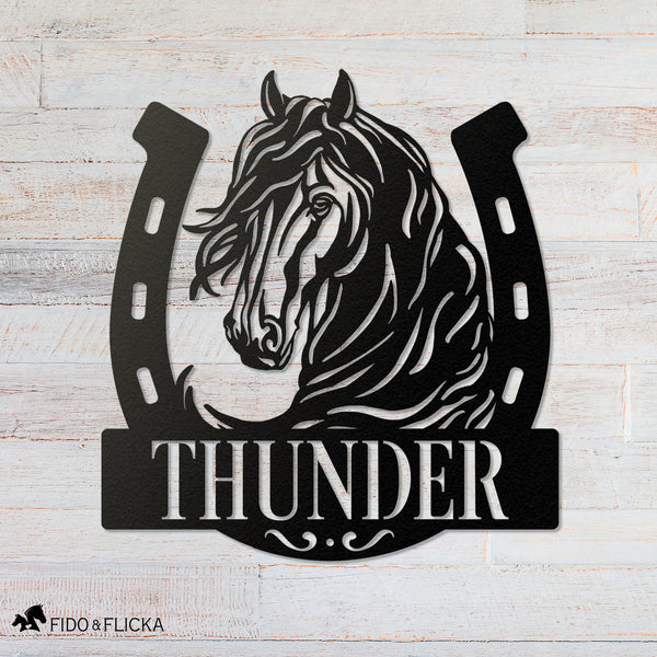 horseshoe metal name plate with horse name