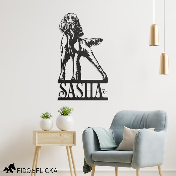 Springer spaniel personalized metal sign in black with dogs name hanging in living room wall