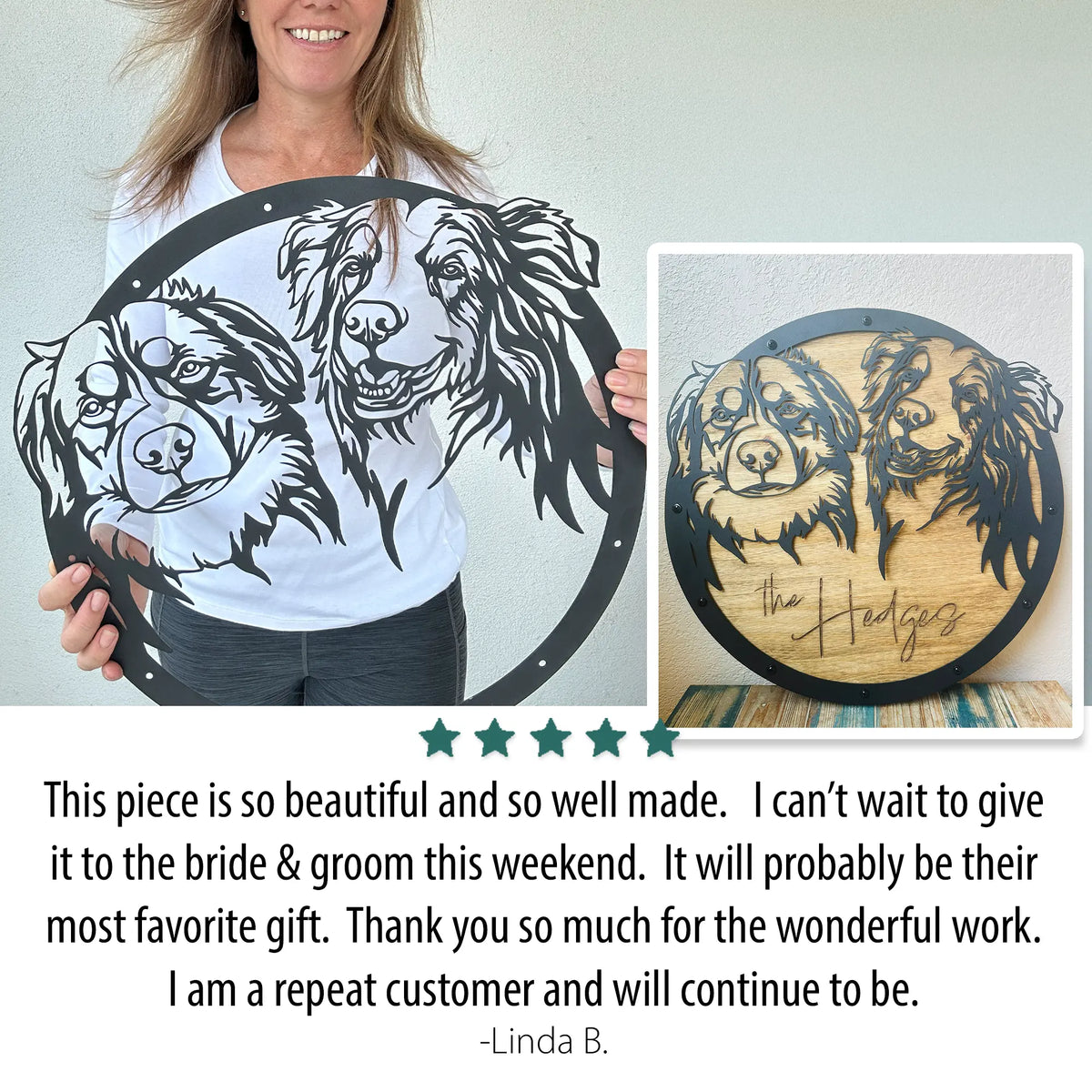 Artist holding custom metal dog portrait featuring two dogs, alongside the finished wood and metal artwork with engraved family name ‘The Hedges.’ A five-star customer review praises the piece’s beauty, craftsmanship, and gift quality, highlighting repeat satisfaction with Fido & Flicka’s personalized pet art.