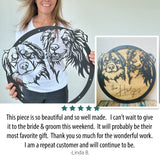 Artist holding custom metal dog portrait featuring two dogs, alongside the finished wood and metal artwork with engraved family name ‘The Hedges.’ A five-star customer review praises the piece’s beauty, craftsmanship, and gift quality, highlighting repeat satisfaction with Fido & Flicka’s personalized pet art.
