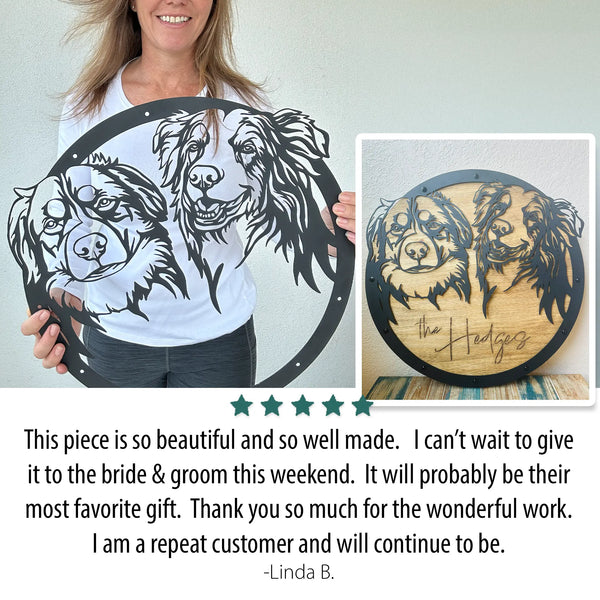 Artist holding custom metal dog portrait featuring two dogs, alongside the finished wood and metal artwork with engraved family name ‘The Hedges.’ A five-star customer review praises the piece’s beauty, craftsmanship, and gift quality, highlighting repeat satisfaction with Fido & Flicka’s personalized pet art.
