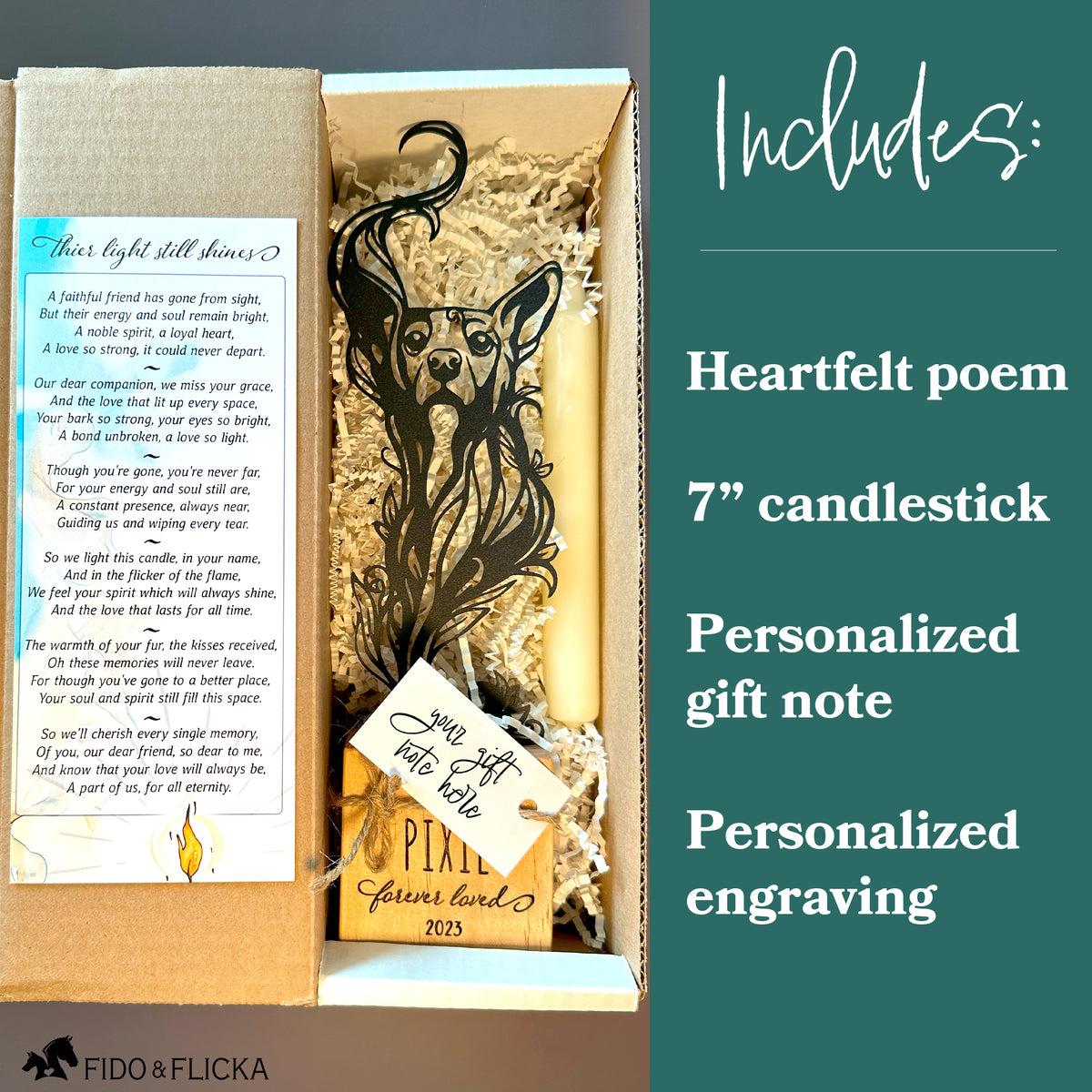 metal and wood pet sympathy candle gift package includes poem, candle stick, gift note, personalized engraving