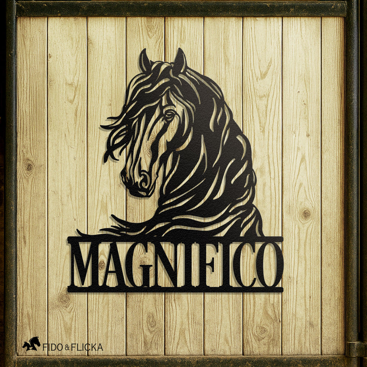 metal horse sign name plate on stall door