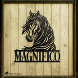 metal horse sign name plate on stall door