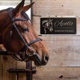 contemporary horse name plate on horses stall