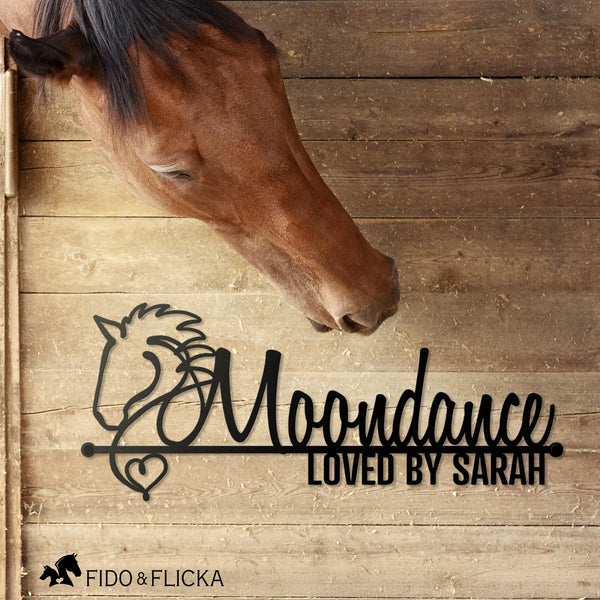 Personalized horse stall sign with horse name and owner text, featuring heart-accented horse head design, rustic wood background, and horse portrait
