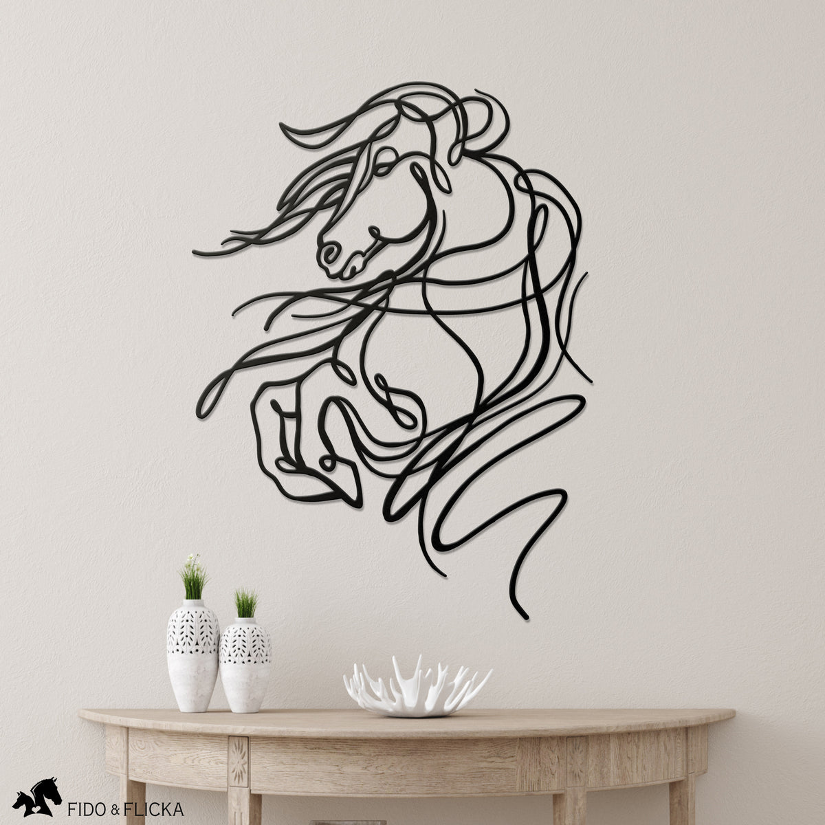 Minimalist metal wall art of a rearing horse with flowing lines, perfect for modern decor and equestrian enthusiasts