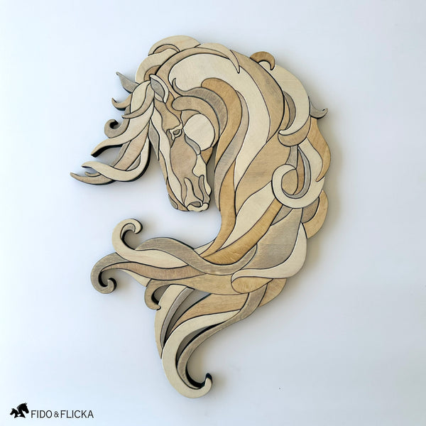 Layered wood horse wall art titled Noble Drift by Fido & Flicka, featuring flowing abstract lines and a natural driftwood finish