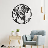 Labrador retriever personalized metal sign with circular frame in black hanging on living room wall