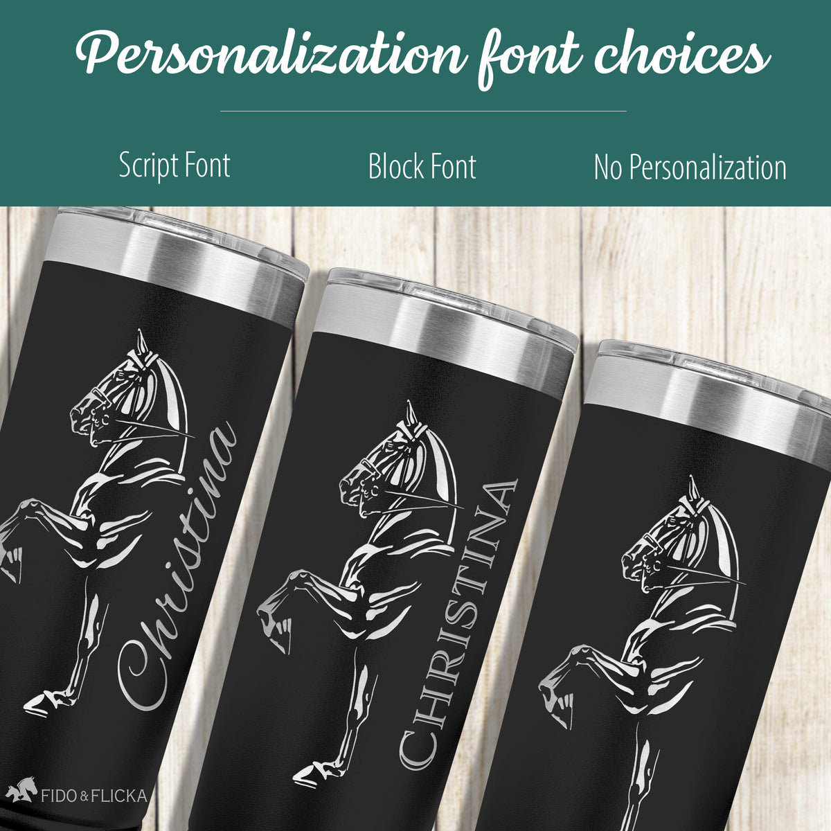 personalized stainless steel american saddlebred horse tumbler custom engraved font options