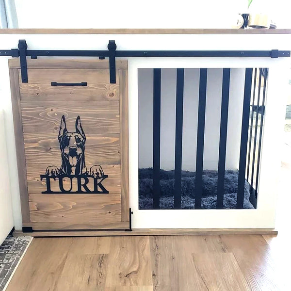 personalized Doberman name sign on wood door of kennel