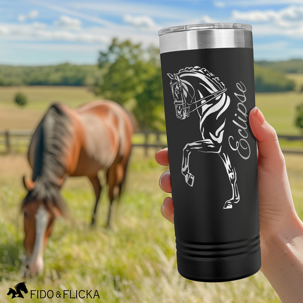 sip coffee in your personalized dressage horse engraved stainless steel tumbler