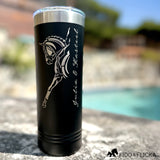 personalized dressage horse tumbler, engraved stainless steel in black, near pool 