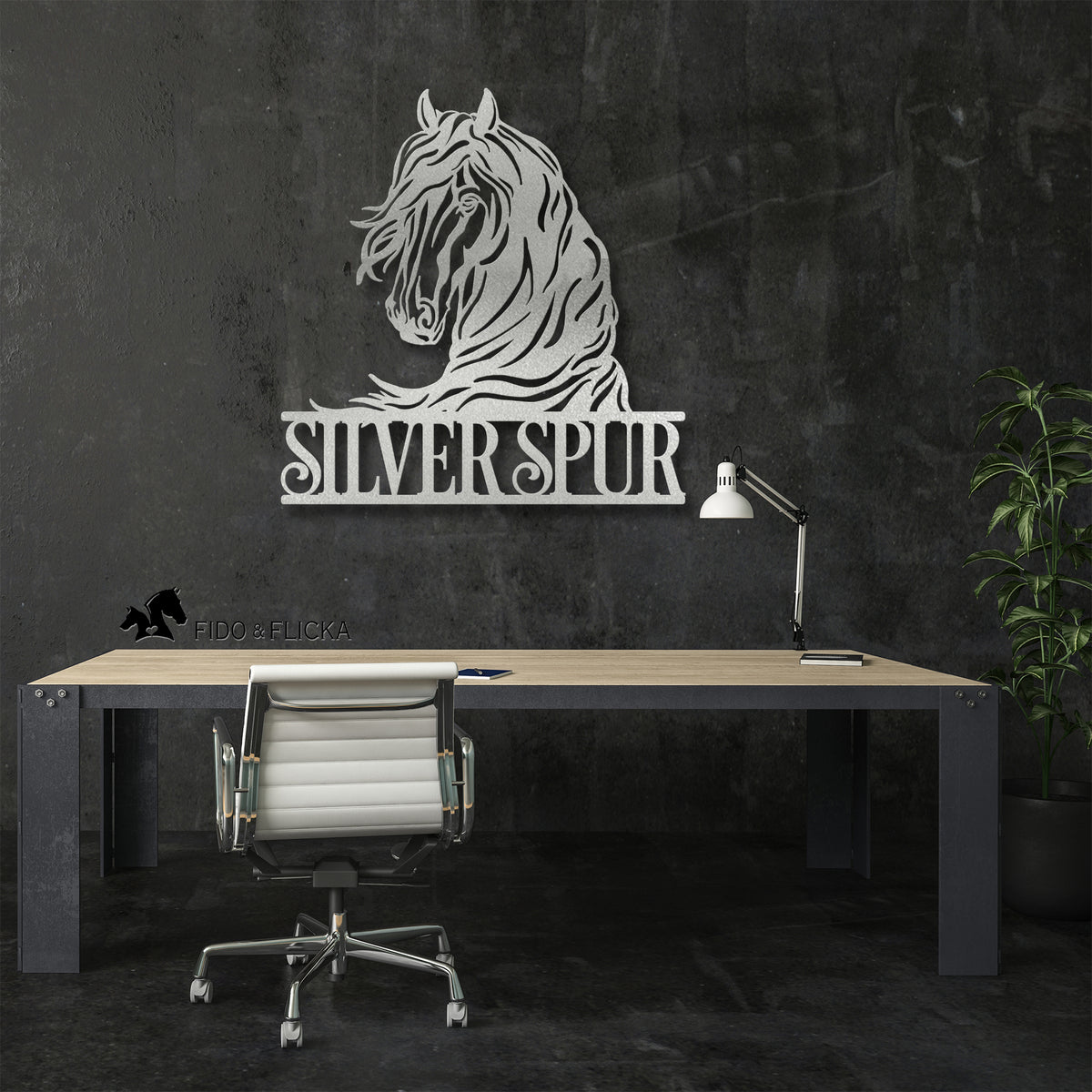 silver horse farm sign on dark wall in office