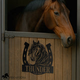 metal horse stall name plate with horseshoe design on stall door