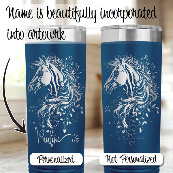 metal horse tumbler personalized engraved with name into art and floral pattern