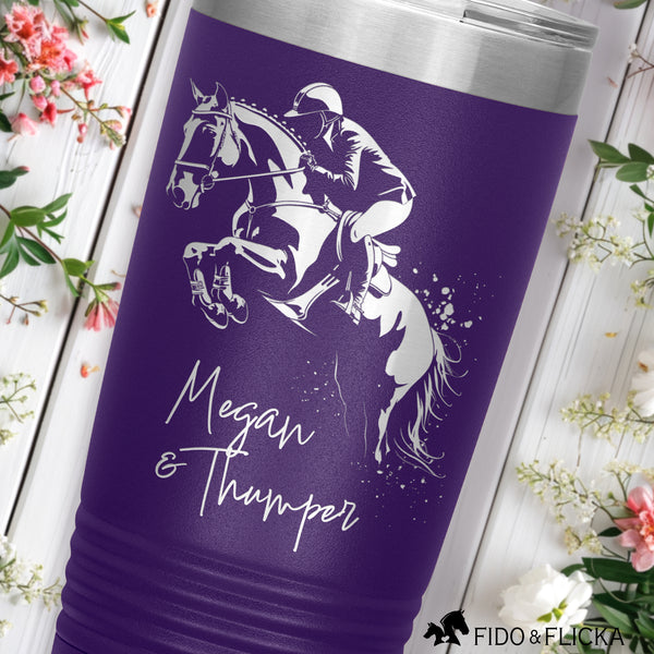 personalized custom show jumping horse tumbler with horse and riders name