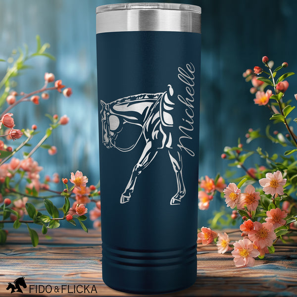 blue personalized stainless steel engraved tumbler with western pleasure horse