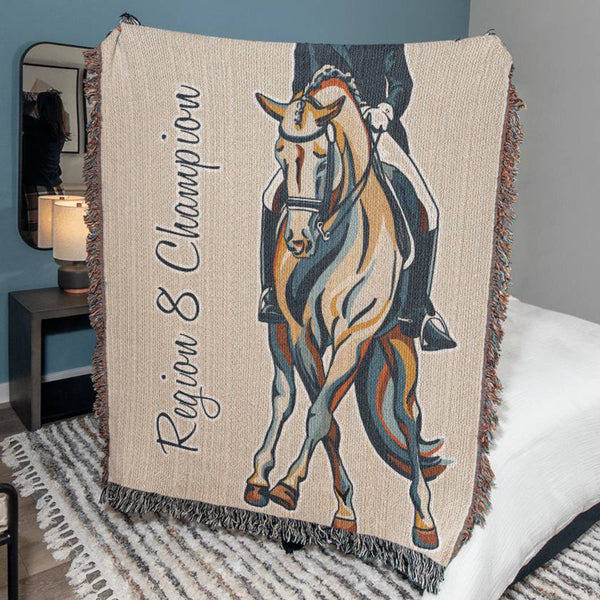 personalized gift of a blanket featuring a dressage horse