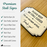 Premium personalized horse stall sign highlighting durable commercial-grade acrylic blend, slim profile, moisture resistance, easy cleaning, and permanent engraved lettering.