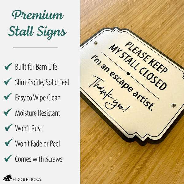 Premium personalized horse stall sign highlighting durable commercial-grade acrylic blend, slim profile, moisture resistance, easy cleaning, and permanent engraved lettering.