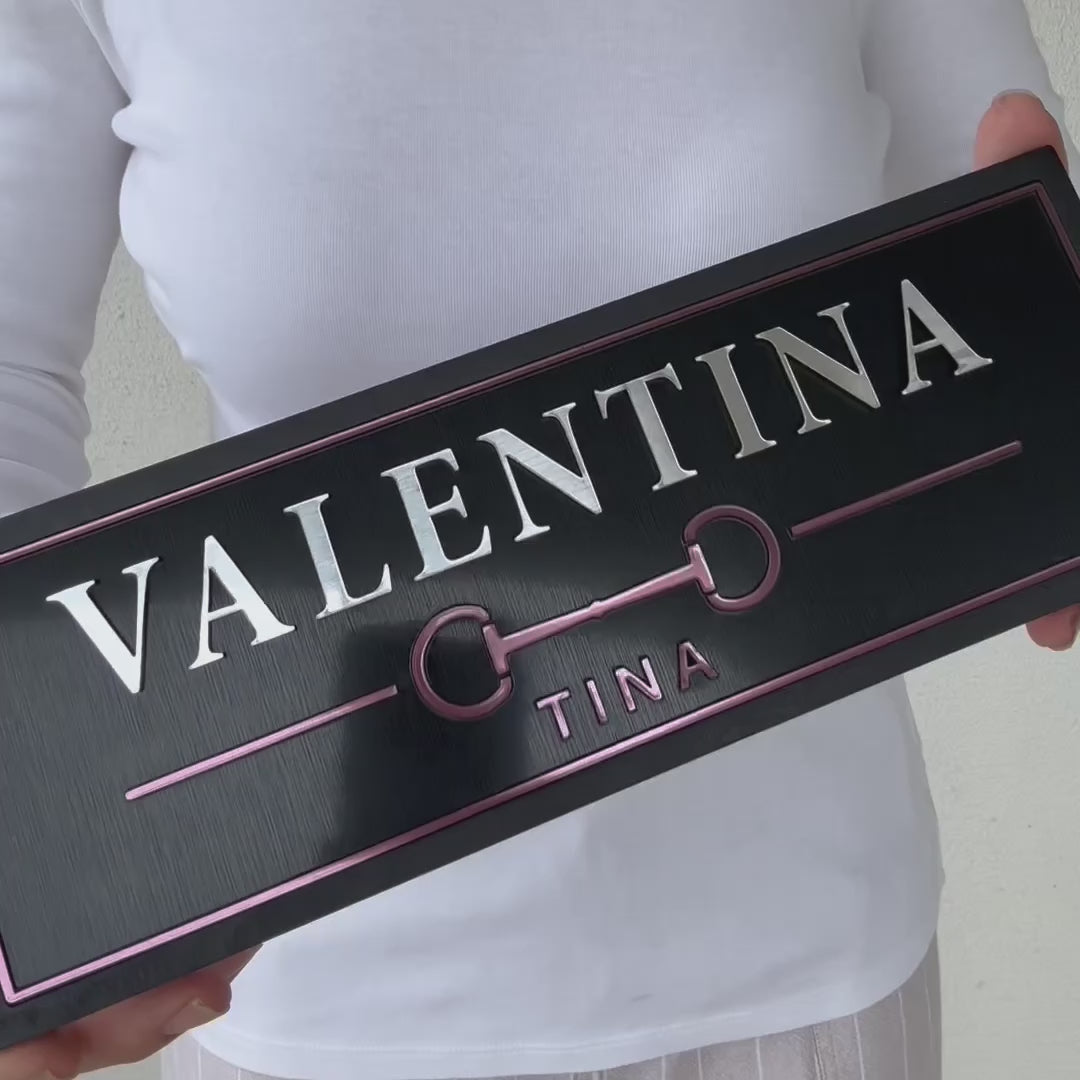 video of woman holding luxury custom horse stall signs