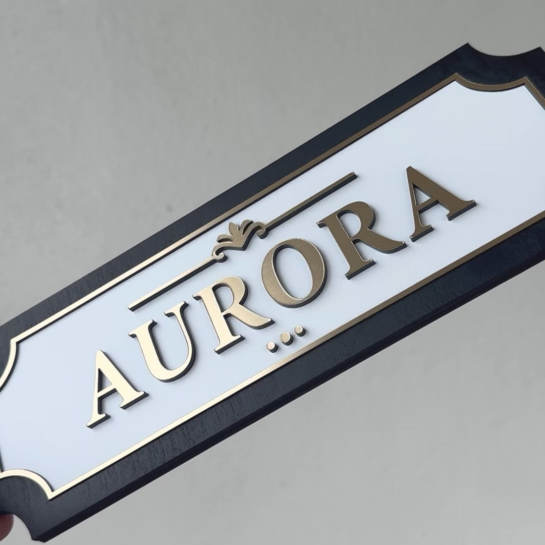 horse stall name plate with shimmery gold lettering 