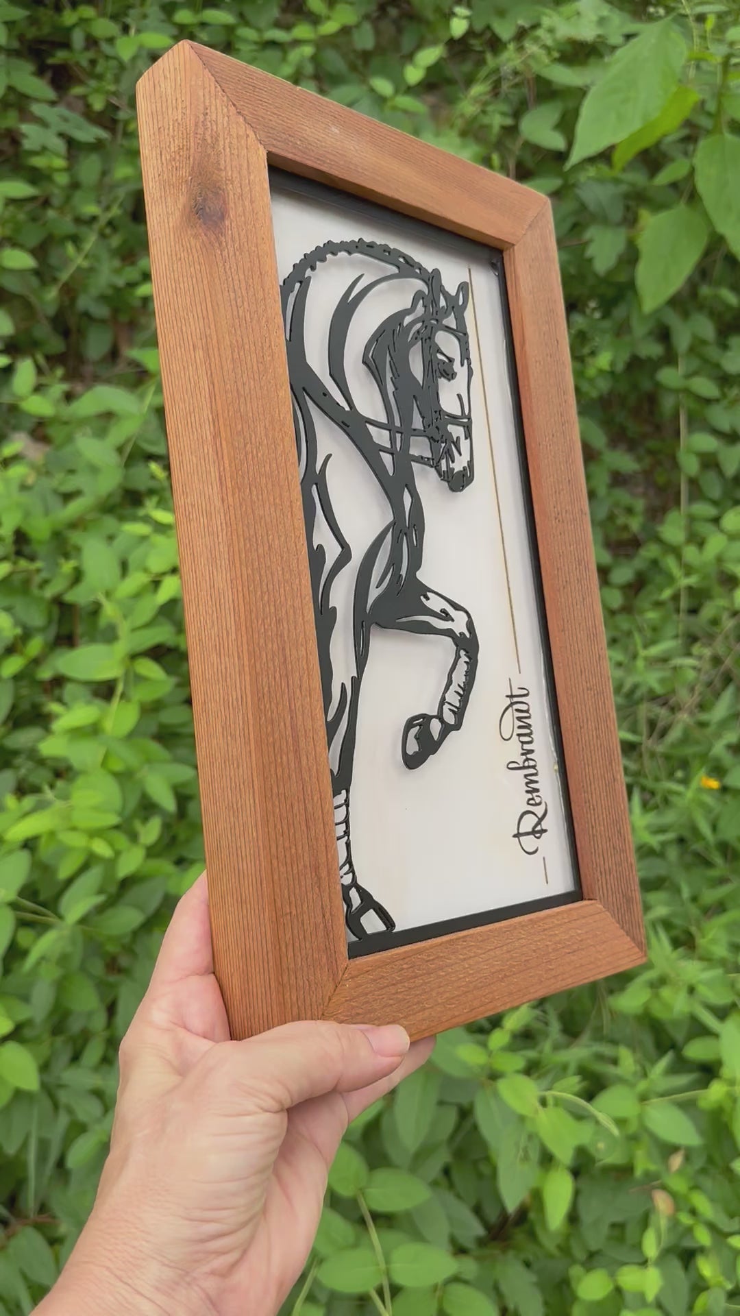 rustic cedar wood frame complements sleek metal art