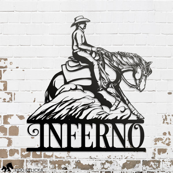 personalized metal wall art featuring a reining horse stopping