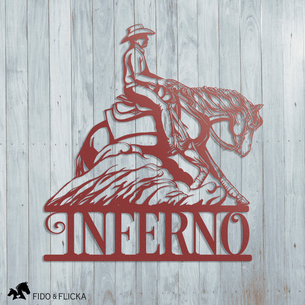 red metal personalized reigning horse sign installed on grey wood