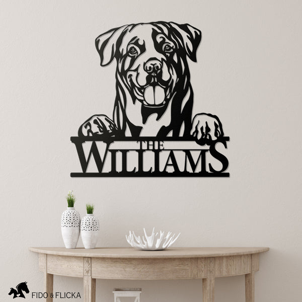 personalized metal Rottweiler welcome sign in entry way of home