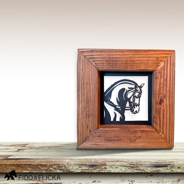 mini dressage horse metal wall art with rustic frame with a farmhouse appeal