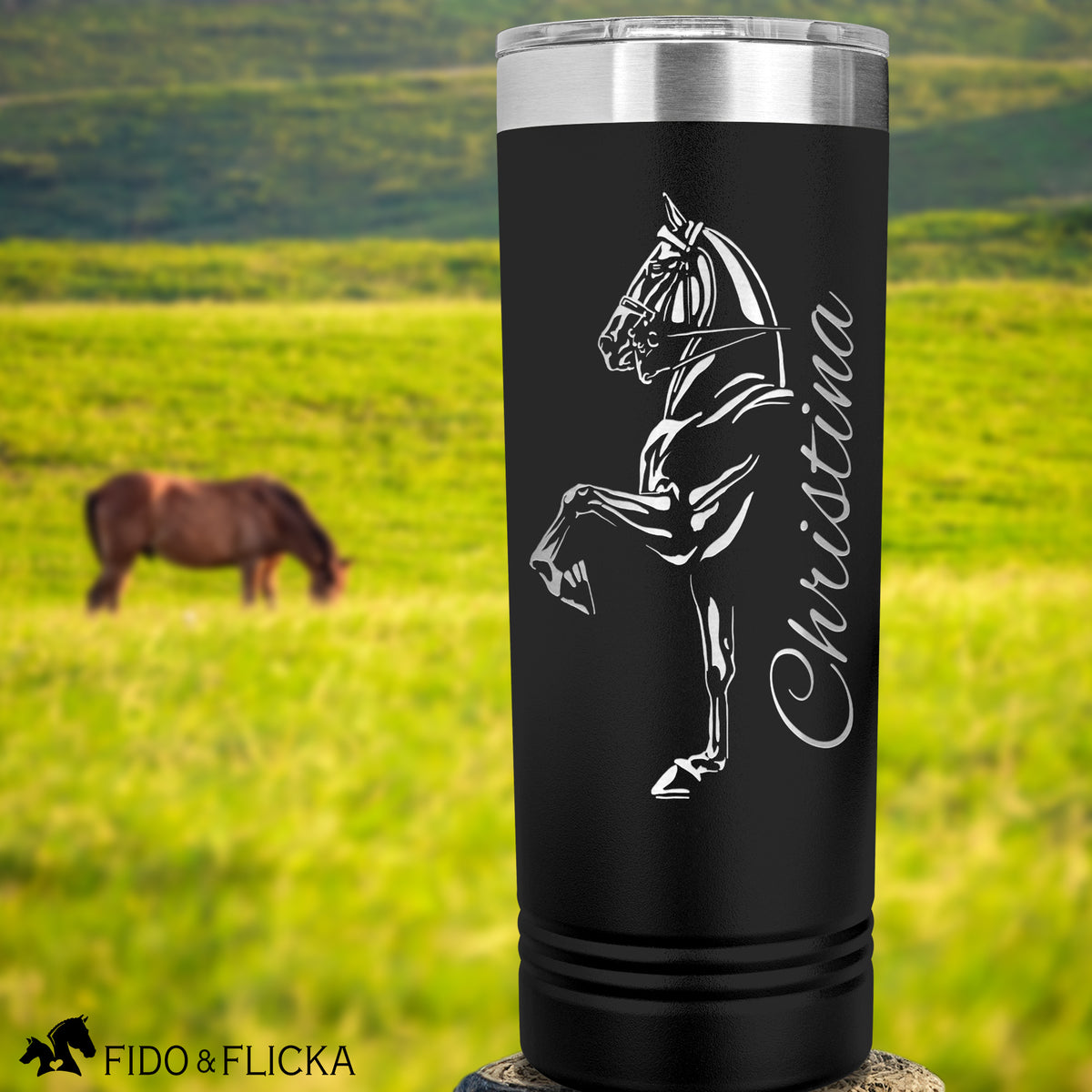 black stainless steel tumbler engraved with an american saddlebred horse and personalized name