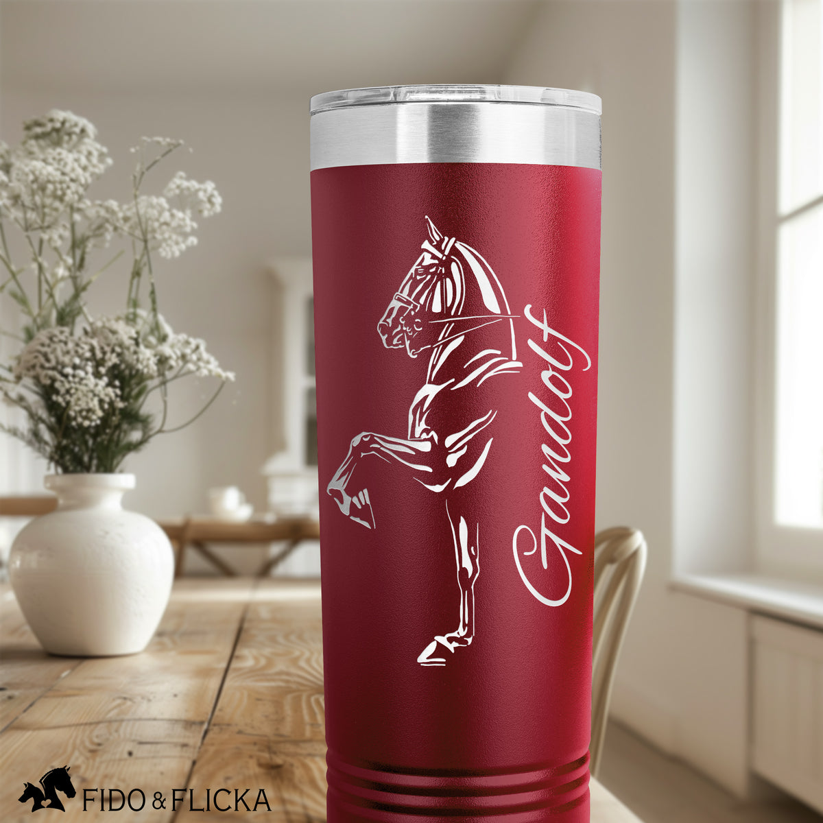 american saddlebred horse engraved personalized stainless steel tumbler in red with horses name