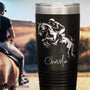 hunter jumper personalized tumbler in black with horses name engraved on it