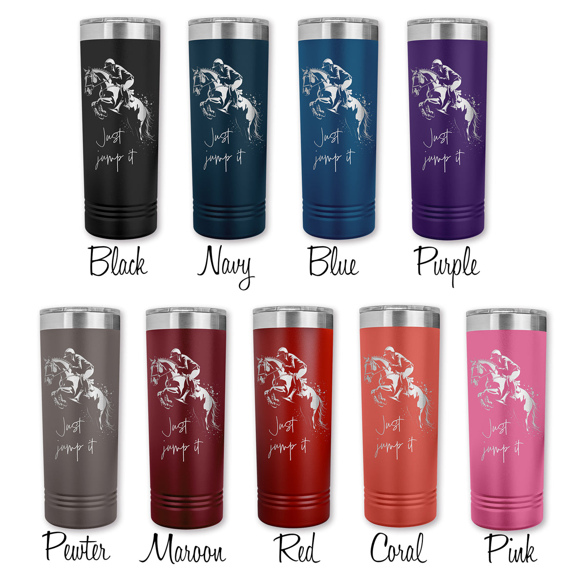 personalized show jumping horse tumbler in 9 colors