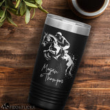 engraved jumping horse tumbler personalized with rider and horses name near coffee